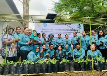 Pengurus TP-PKK Kabupaten Mimika saat foto bersama dengan pengurus PKK tingkat distrik usai penanaman cabai serentak