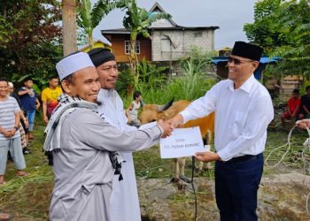 Yusuf Rombe saat menyerahkan bantuan hewan kurban kepada pengurus Masjid Al-Kahfi Jalan Makarena