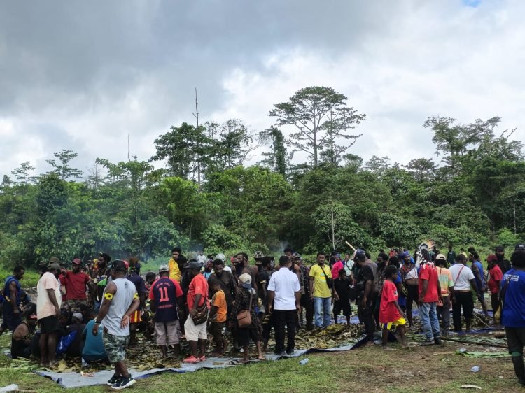 Pendukung pasangan Bacalon Bupati dan Wakil Bupati Mimika Alexander Omaleng dan Yusuf Rombe saat menggelar tradisi bakar batu.