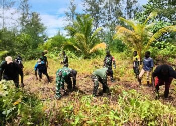Gotong Royong Bersama Warga, Satgas TMMD Kodim 1710/Mimika Buka Lahan Pertanian