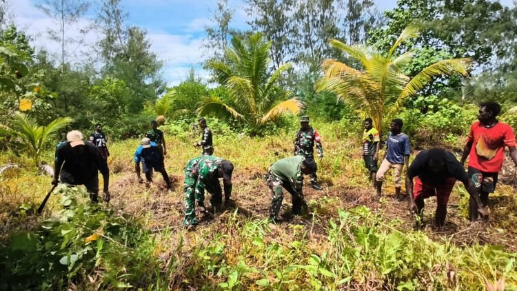 Gotong Royong Bersama Warga, Satgas TMMD Kodim 1710/Mimika Buka Lahan Pertanian