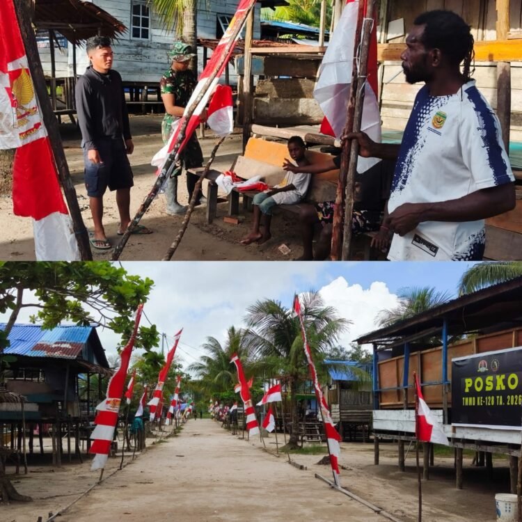 Perkuat Penataan Lingkungan Jelang Kunjungan Wasev, Satgas TMMD Pasang Umbul-Umbul Bersama Warga