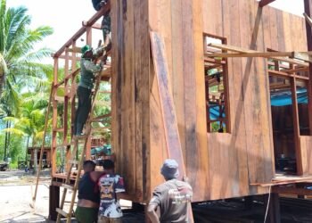 Satgas TMMD Bersama Warga Kebut Pemasangan Dinding Rumah Niko Makare