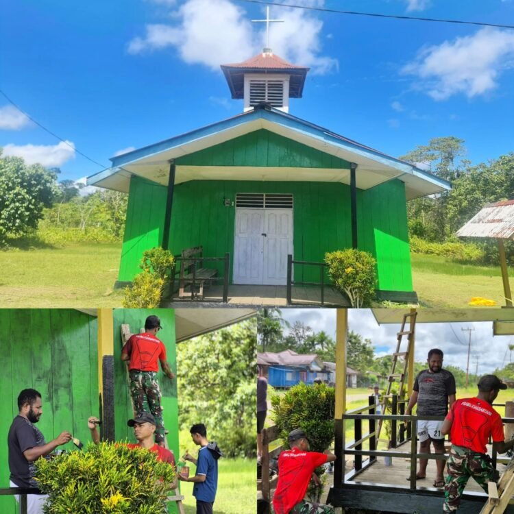 Jelang Masa Tugas Berakhir, Satgas Yonif 301/PKS Percantik Gedung Gereja Protestan Kampung Kiliarma