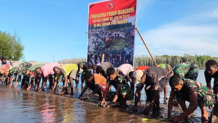Bersatu Dengan Alam, Satgas TMMD Kodim 1710/Mimika Tanam Ribuan Bibit Mangrove