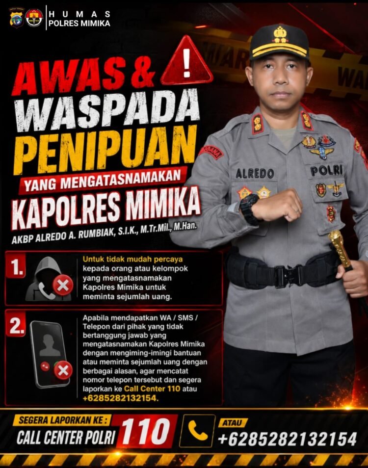 Baru Sehari Menjabat, Kapolres Mimika AKBP Alredo A. Rumbiak Jadi Sasaran Pencatutan Nama untuk Modus Penipuan